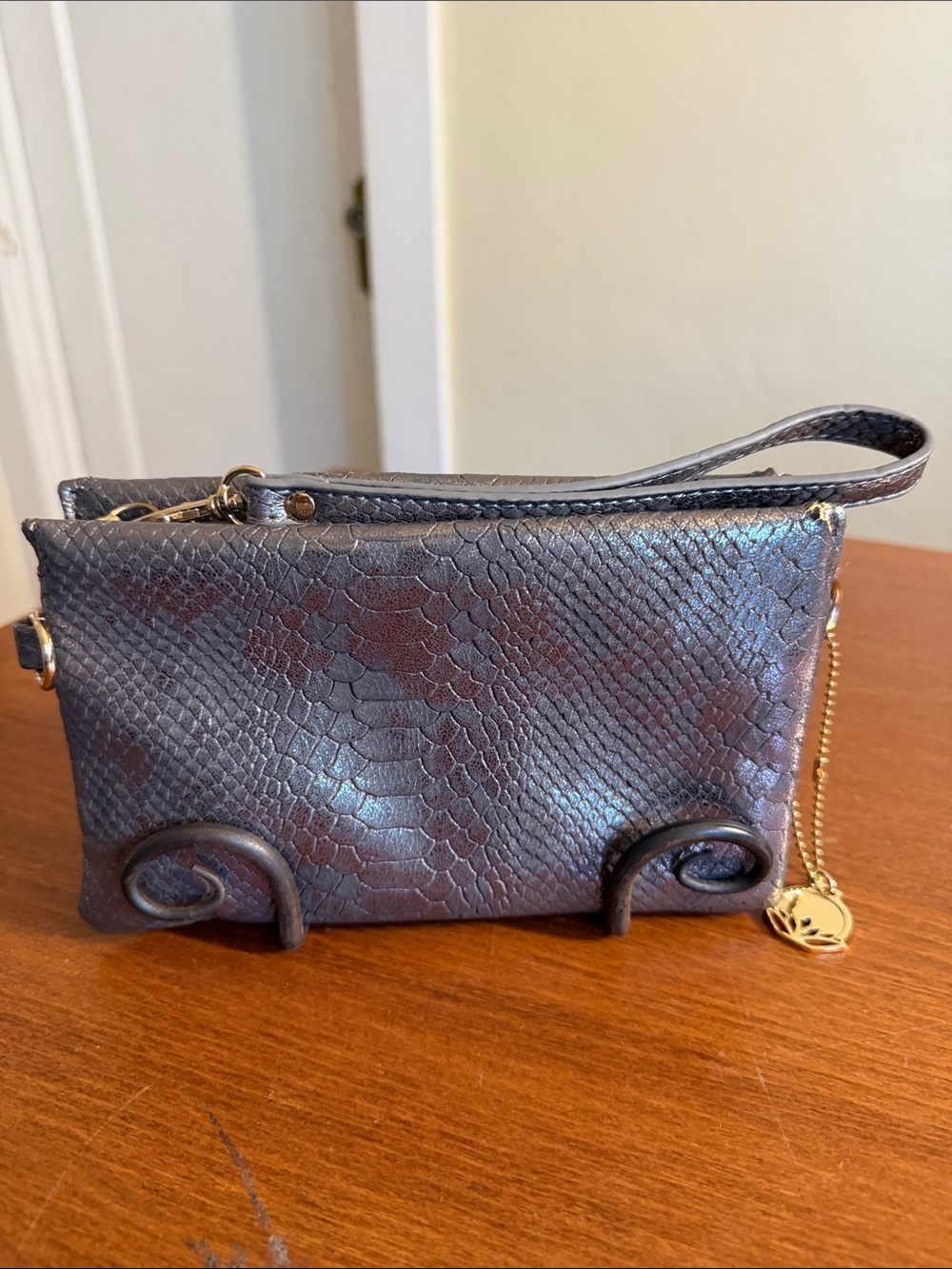 Big Buddha Metallic Charcoal Snake-Embossed Wristlet with Gold Charm